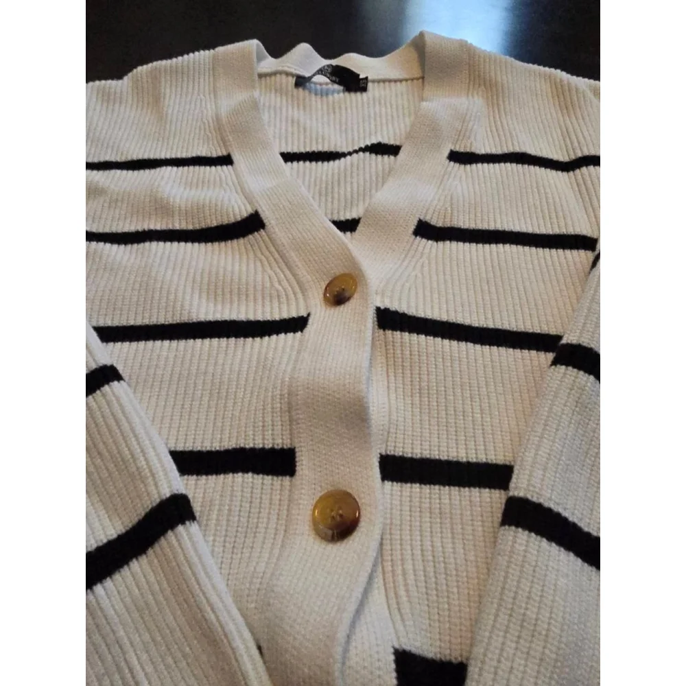 Women's Oversized LILLUSORY White & Black Striped Cardigan XS Cozy Coastal